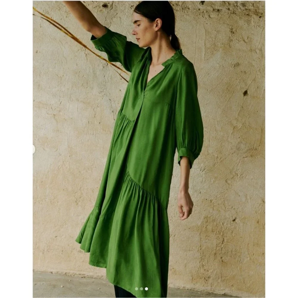 Toast Tiered Crinkle Twill Dress Spruce Green Midi Asymmetric Oversized Medium - Picture 2 of 14